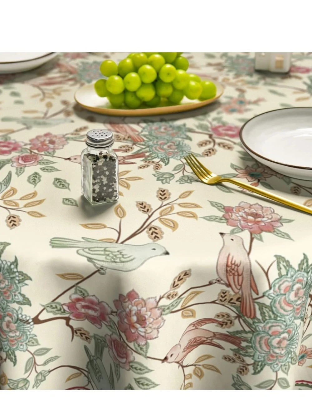 Floral Birds Tablecloth 70” ROUND Washable